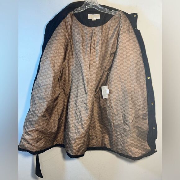 Michael Kors Ladies Quilted Trench Coat Black Large Gold Belted Hooded Jacket - Picture 10 of 16